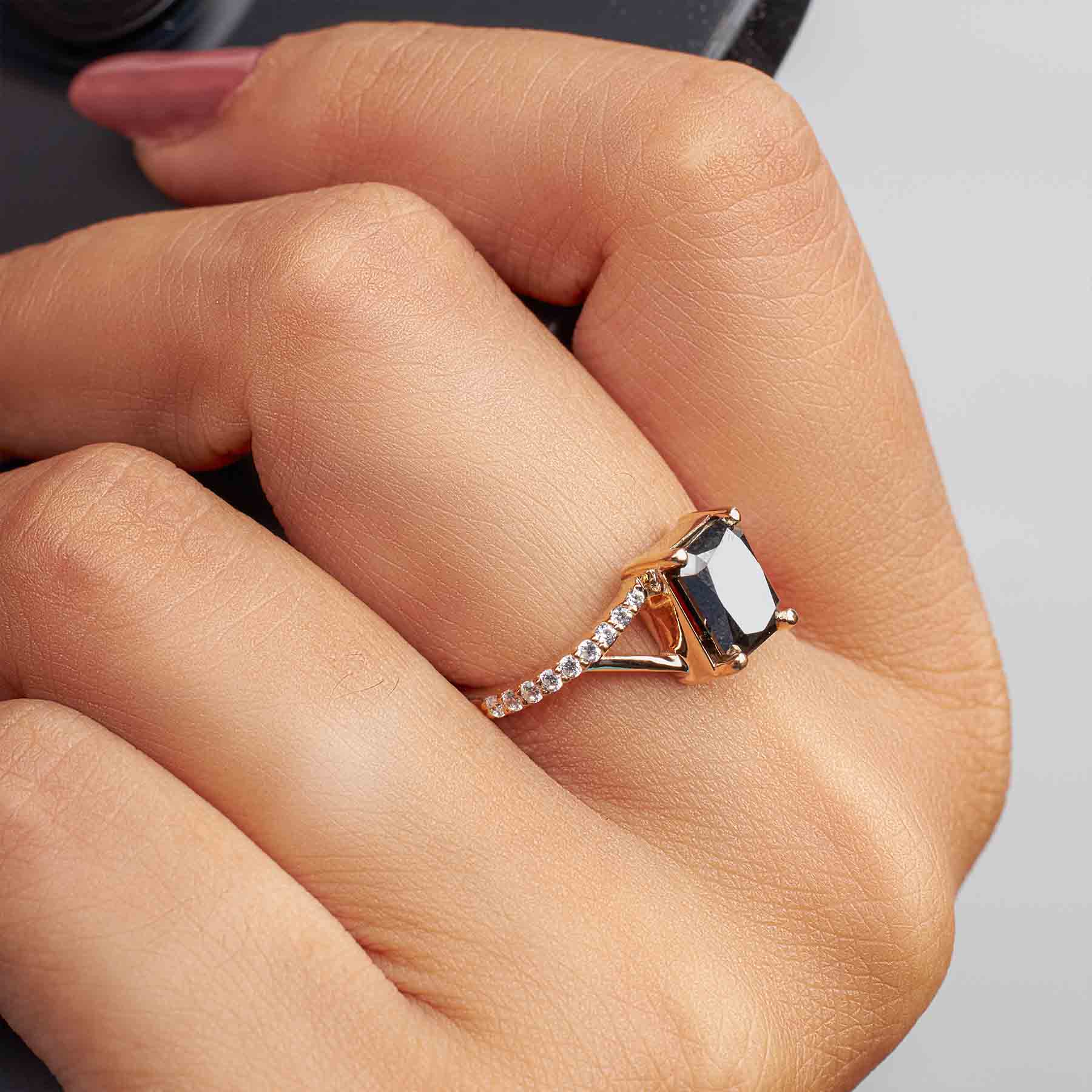 Radiant Cut Black Natural Diamond Engagement Ring Rose Gold