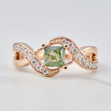 Natural Moss Agate Promise Ring Princess Cut Engagement Ring