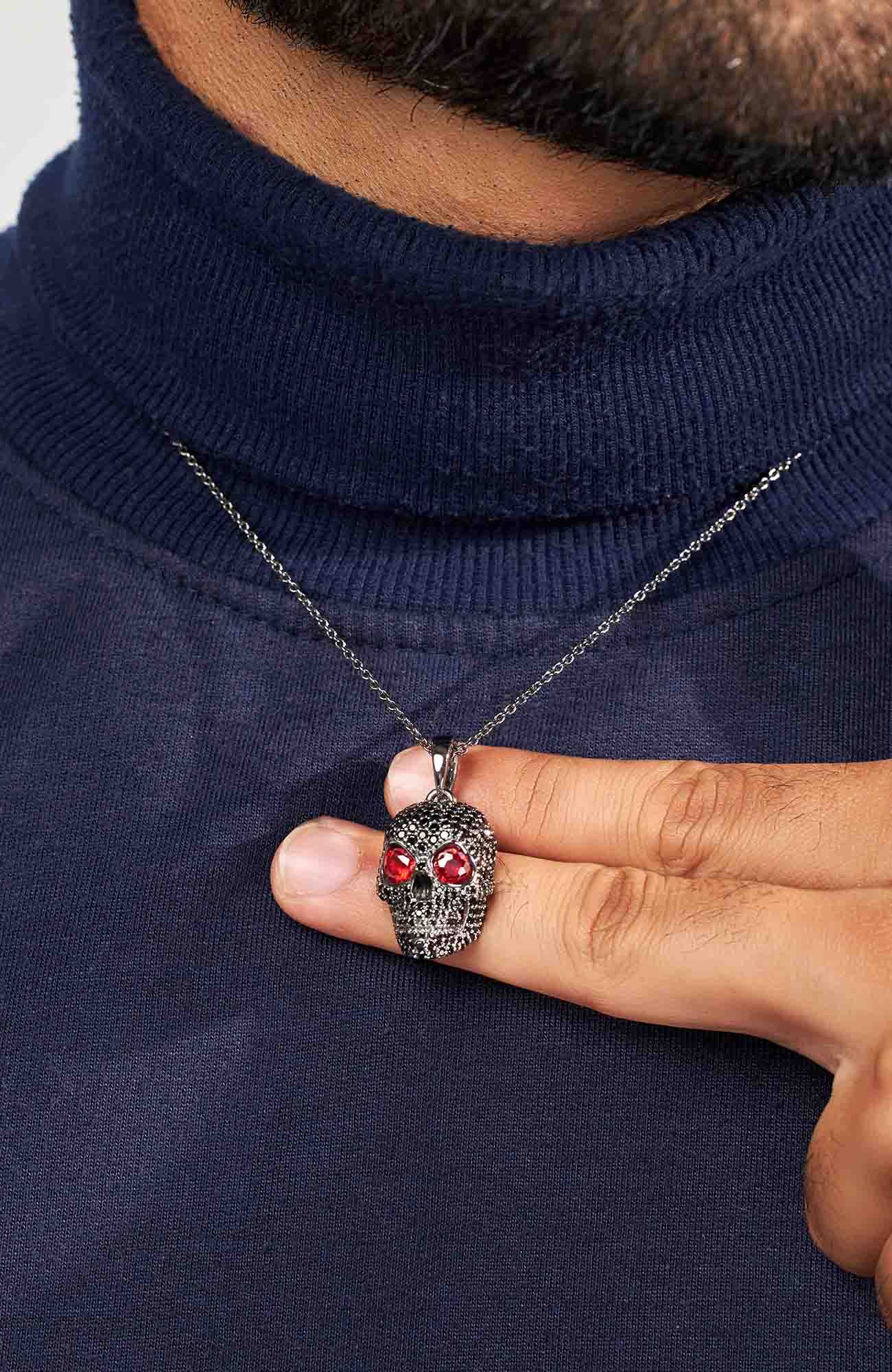 Black Moissanite Skull Pendant Necklace With Chain Halloween Gothic Biker Hip Hop Jewelry
