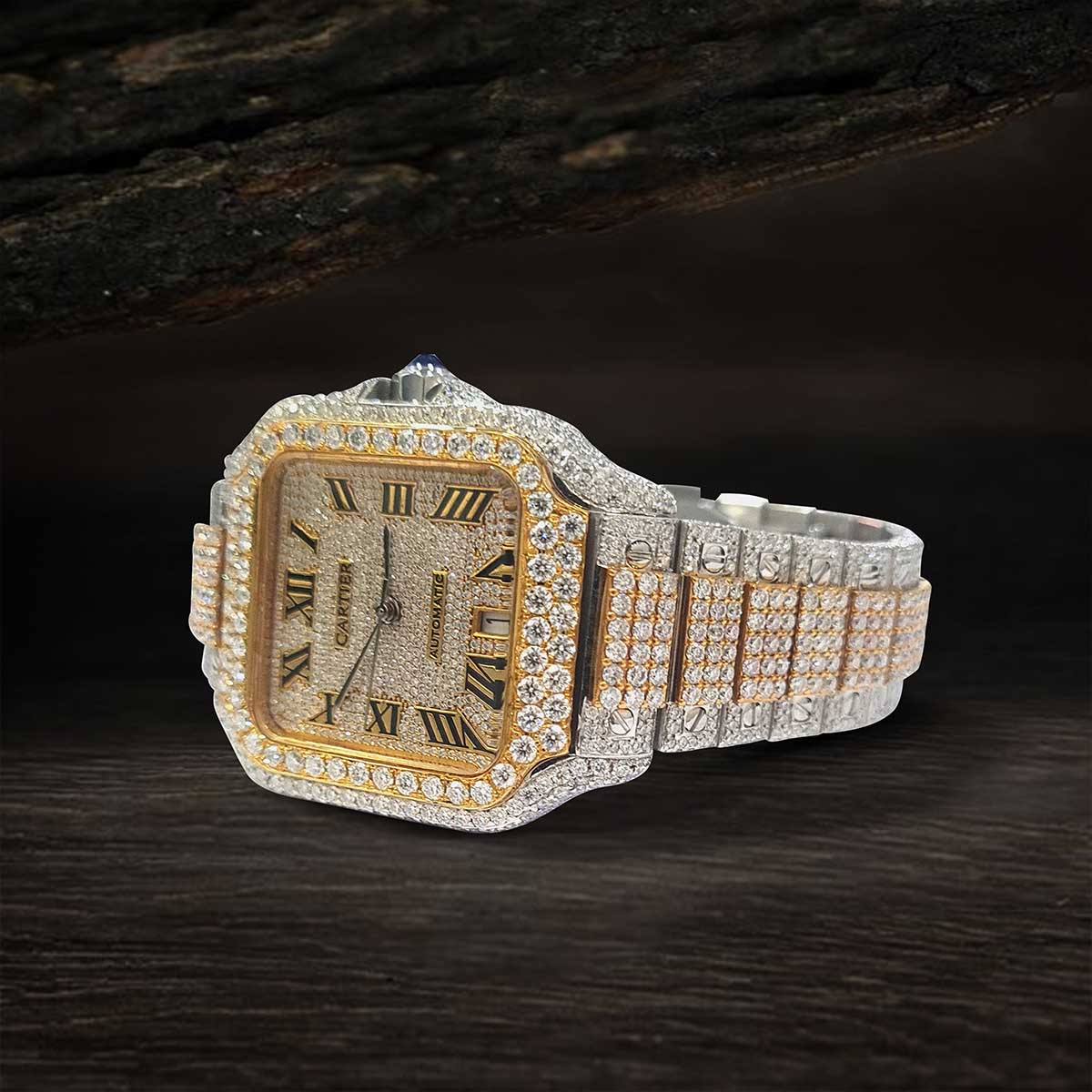 Diamond Iced Out Santos De Cartier Watch Square Dial Two Tone