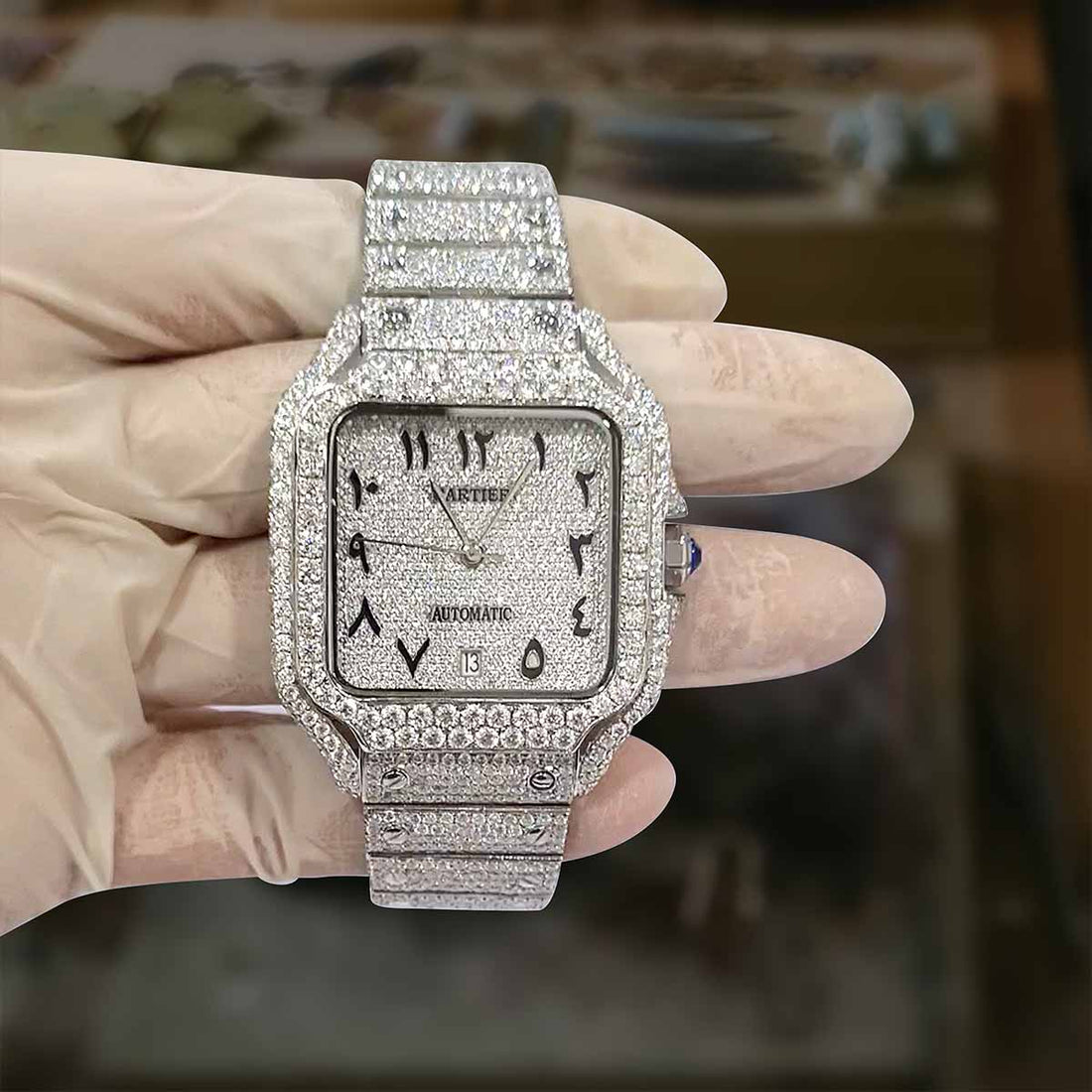 Moissanite Iced Out Cartier Watch Santos De Cartier Arabic Square Dial Smartlink Bracelet