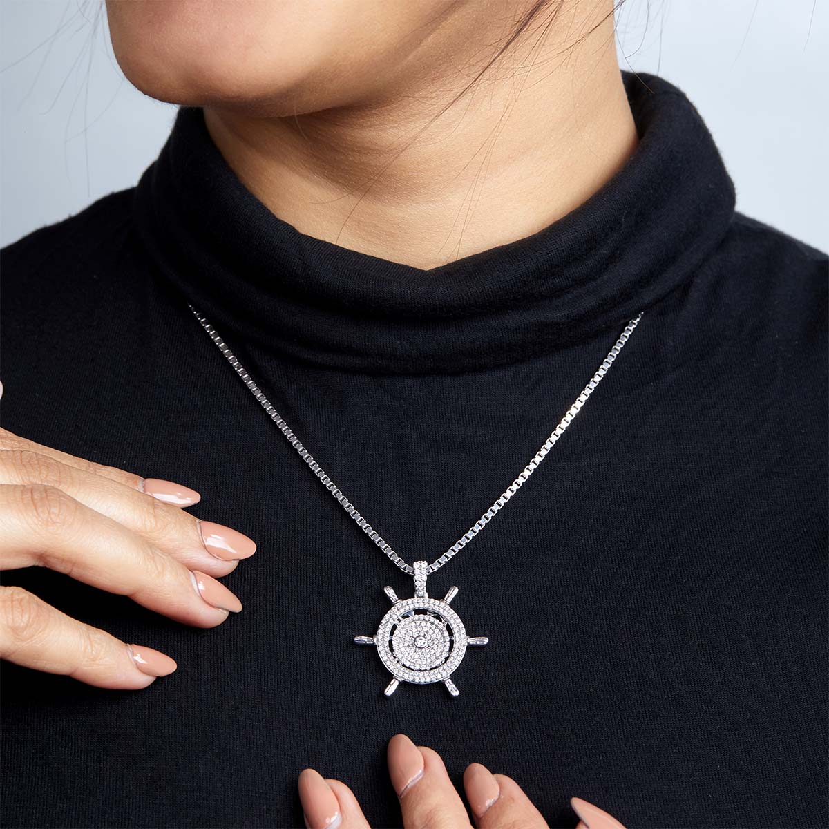 Iced Out Steering Wheel Pendant Necklace Hip Hop Style Nautical Jewelry Sterling Silver Diamond