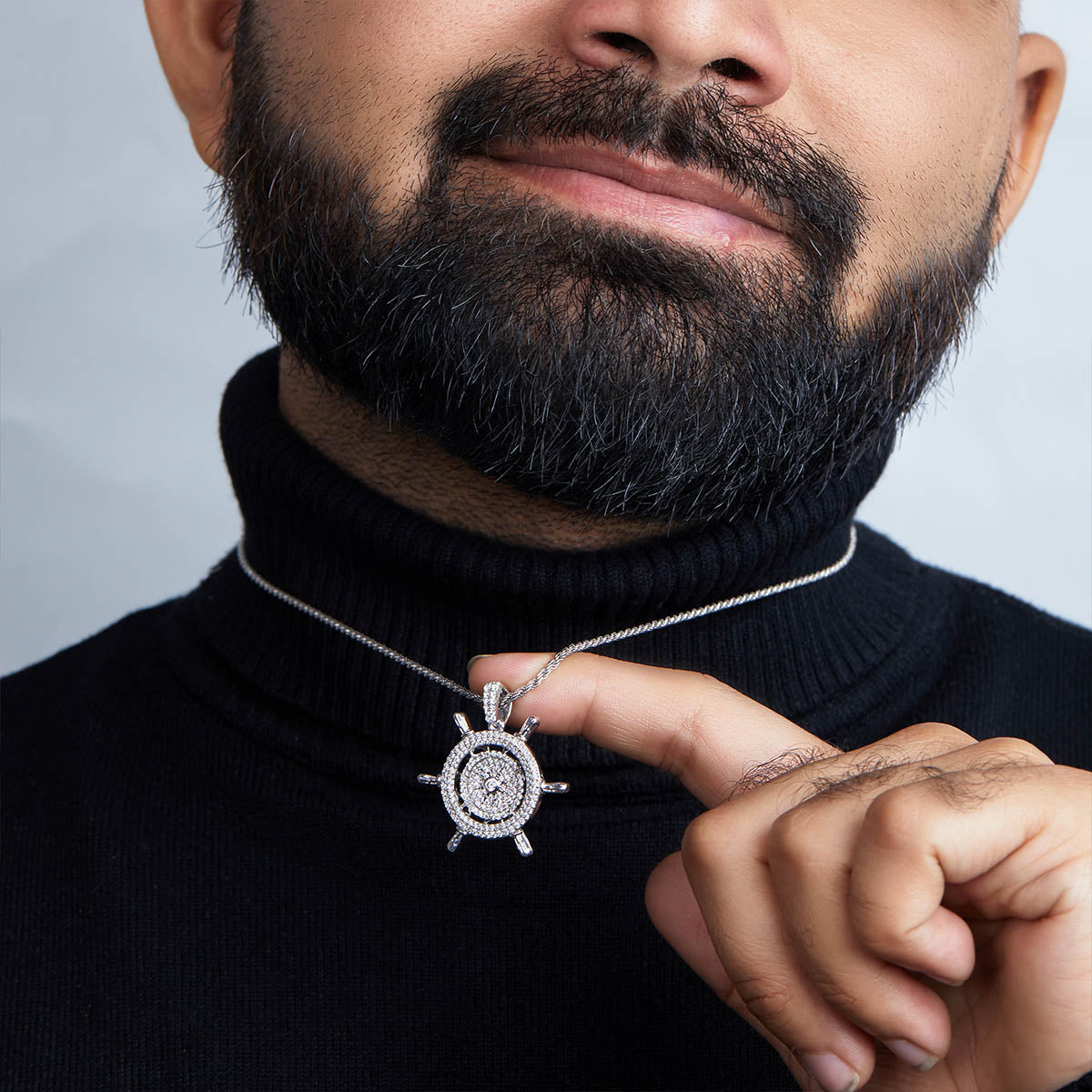 Iced Out Steering Wheel Pendant Necklace Hip Hop Style Nautical Jewelry Sterling Silver Diamond