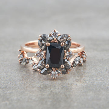 Natural Black Diamond Engagement Ring Set