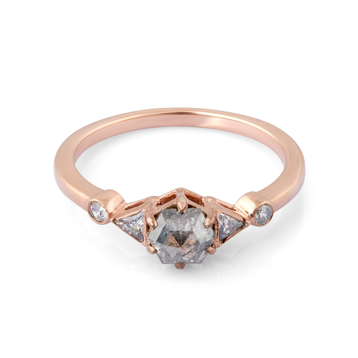 Hexagon Salt and Pepper Diamond Ring Engagement Rose Gold