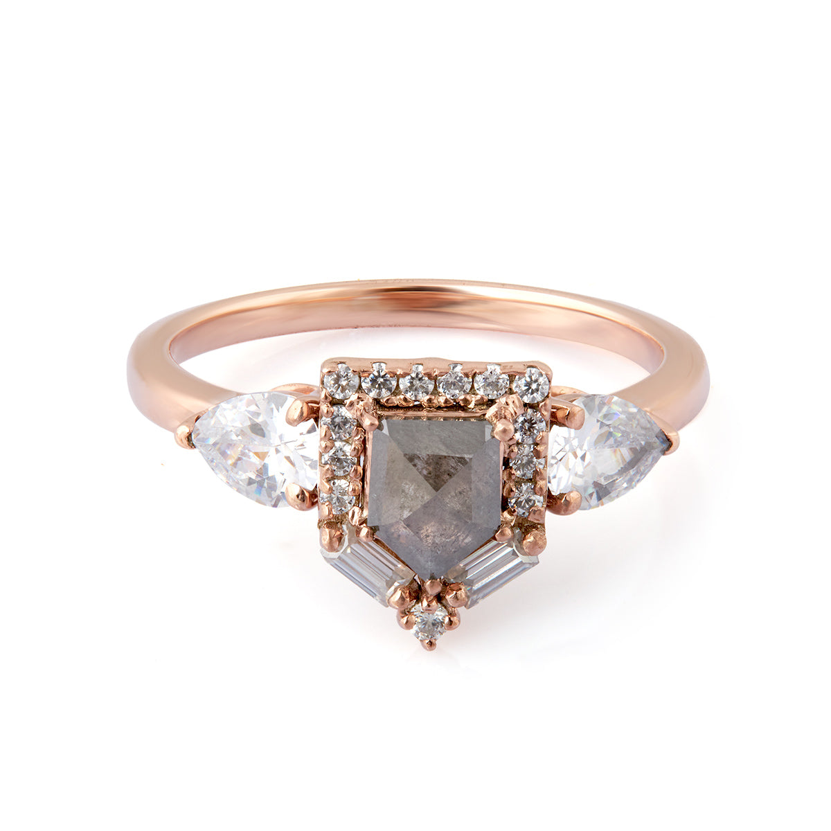 Shield Cut Salt and Pepper Engagement Ring Natural Diamonds