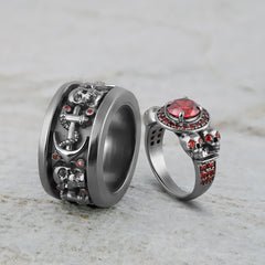 Red Garnet Skull Couple Rings Matching Gothic Wedding Ring Set