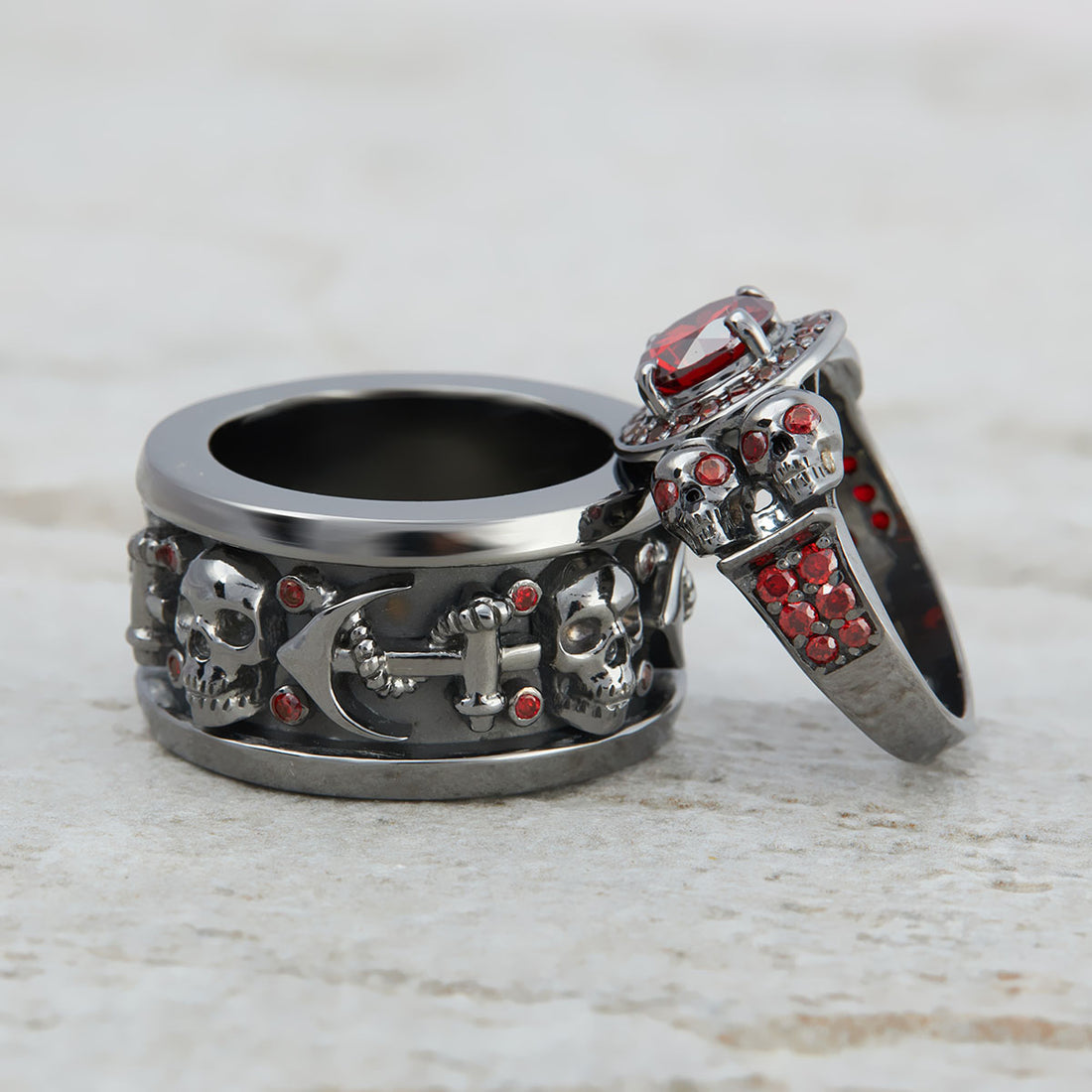 1.35tcw Red Garnet Skull Couple Rings