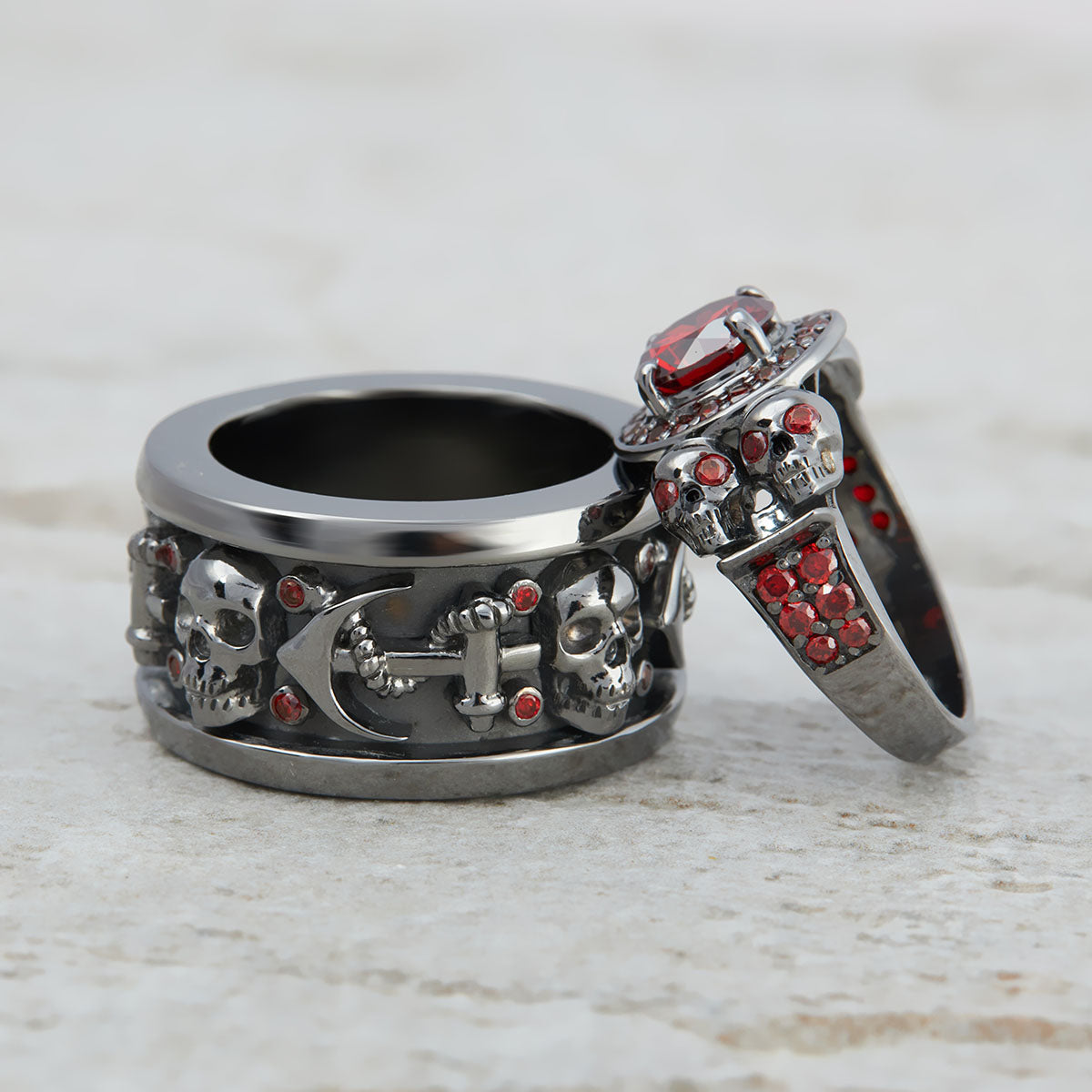 1.35tcw Red Garnet Skull Couple Rings