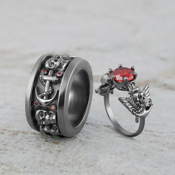 Wings Skull Engagement Ring Set