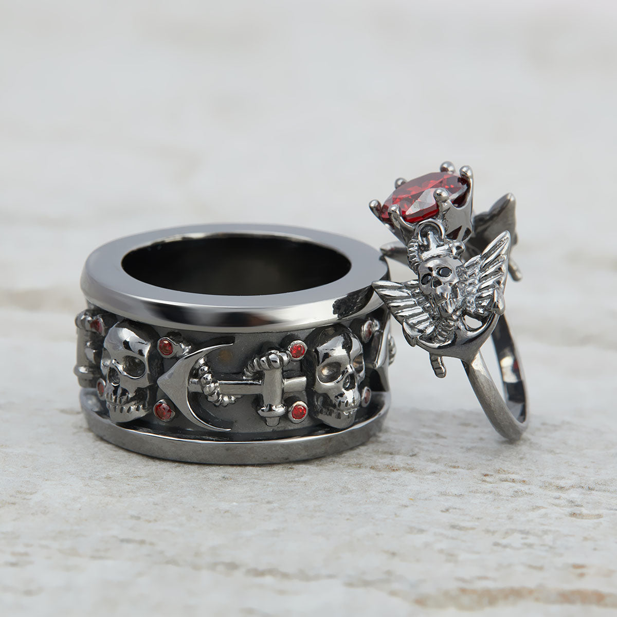 Wings Skull Engagement Ring Set