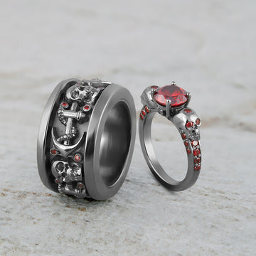 Gothic Wedding Ring Set Red Garnet Matching Couple Skull Rings