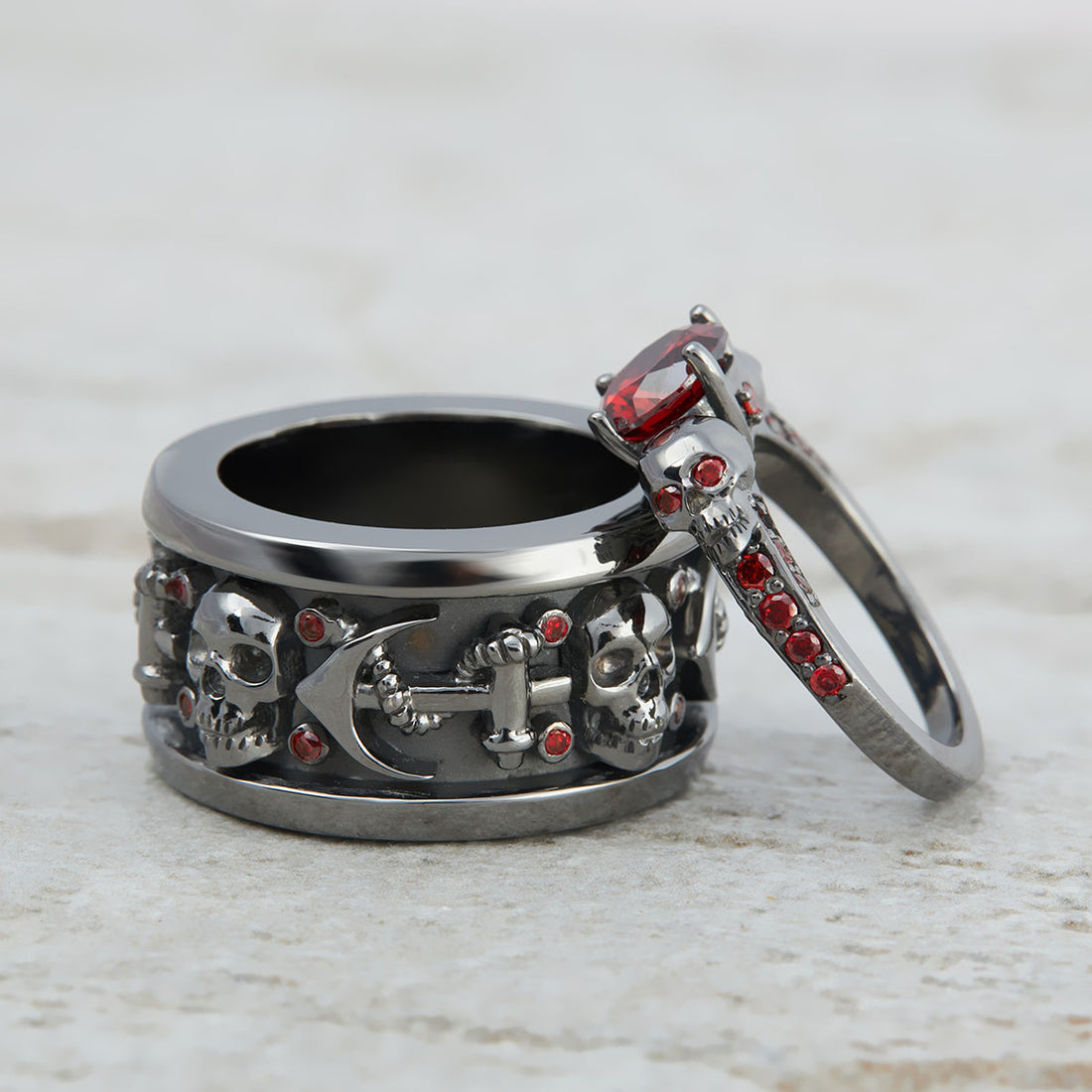 Gothic Wedding Ring Set Red Garnet Matching Couple Skull Rings