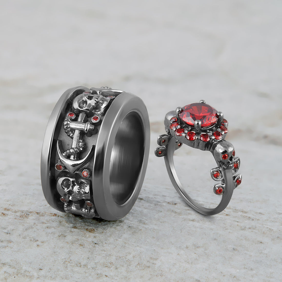 His and Her Skull Wedding Ring Set