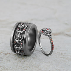 His and Her Skull Couple Rings Set Anchor Trinity Gun Metal Fn