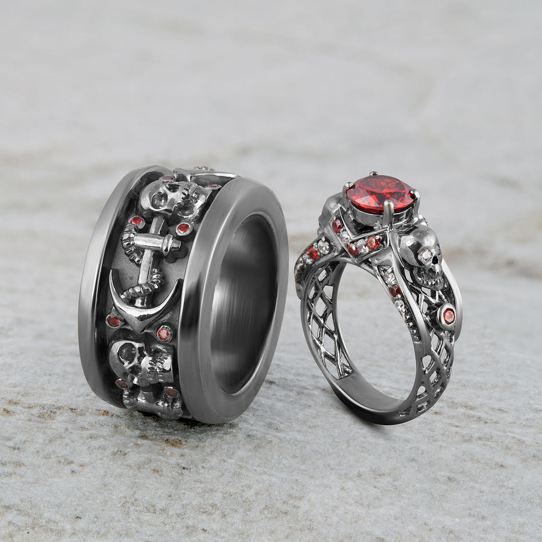 MESH SKULL WEDDING RING SET