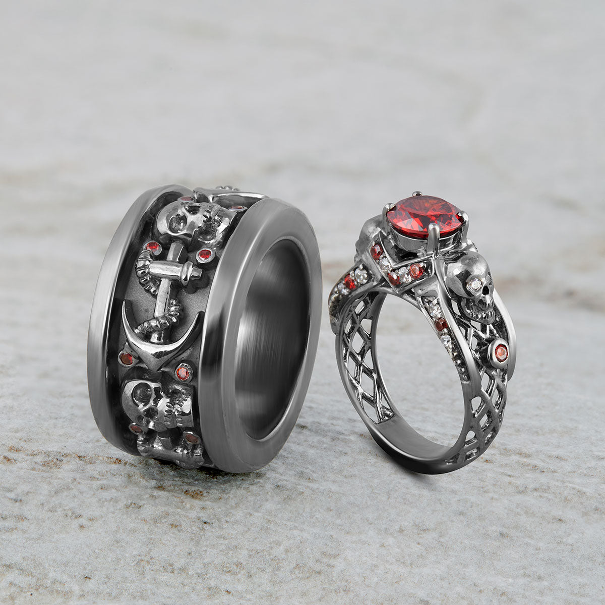 MESH SKULL WEDDING RING SET