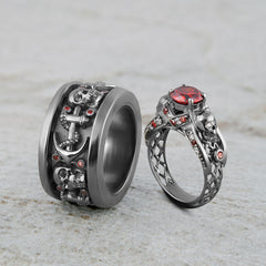 Mesh Skull Wedding Ring Band Set Anchor and Skull Couple Rings