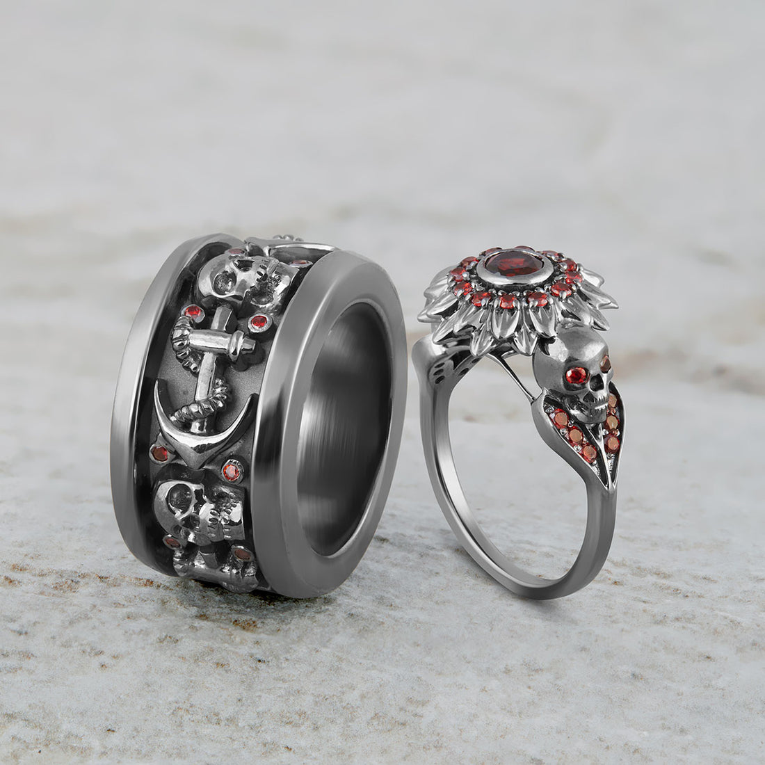 Flower Skull Ring Set His and Her