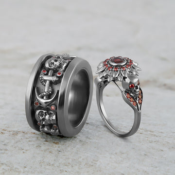 Flower Skull Ring Set His and Her