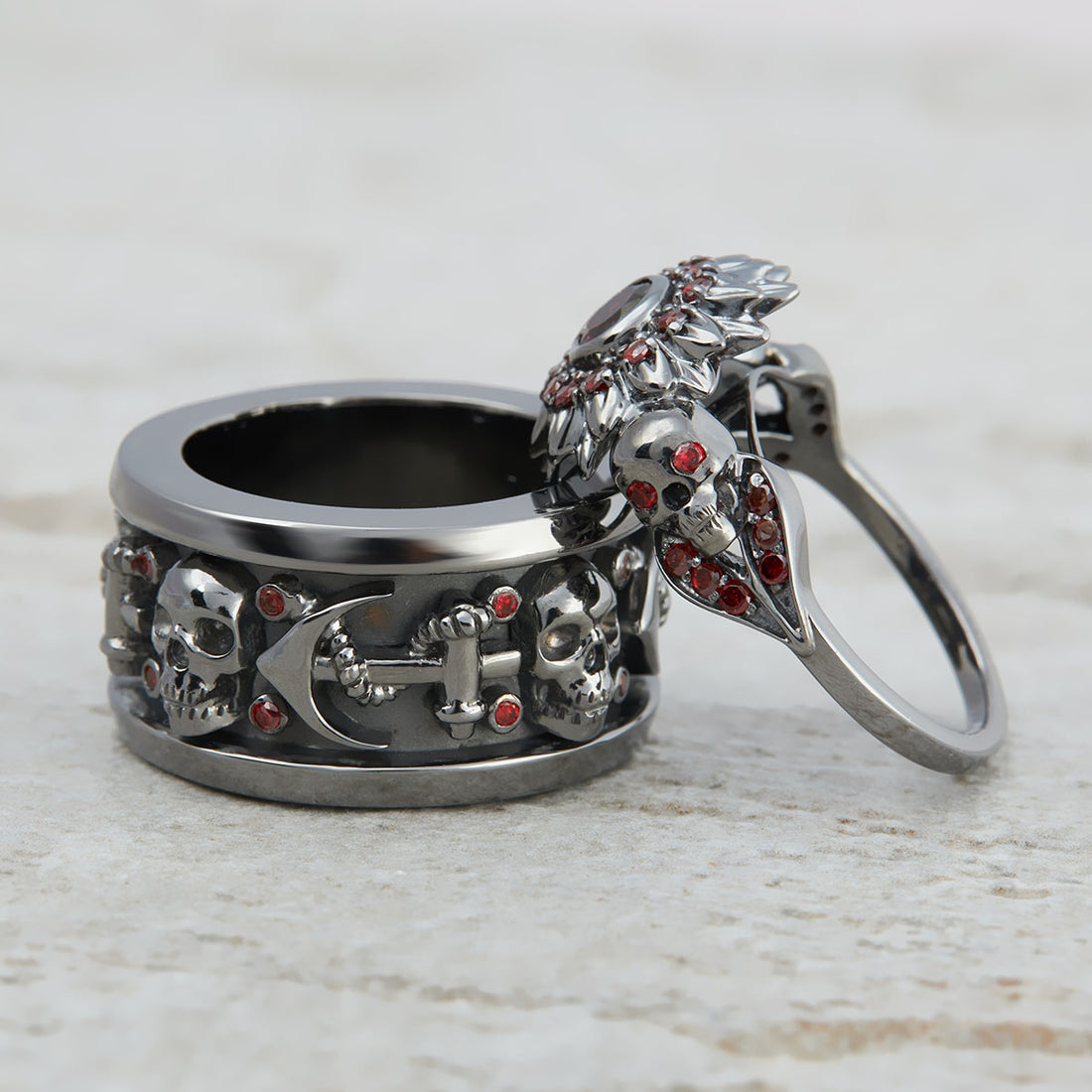 Flower Skull Ring Set His and Her