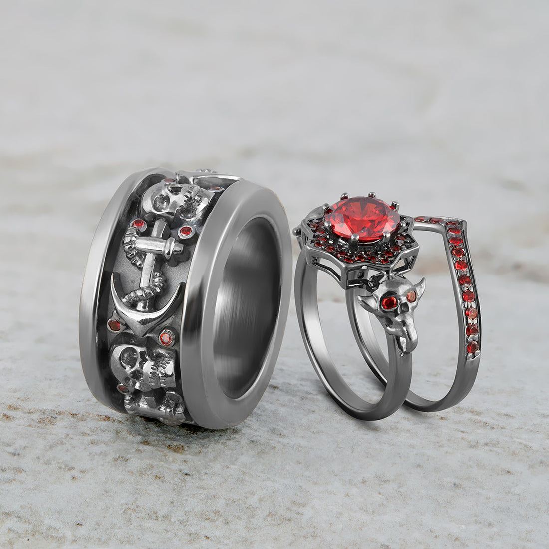 1.90TCW Garnet Skull Ring Set