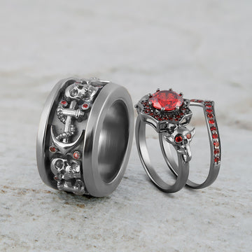 1.90TCW Garnet Skull Ring Set