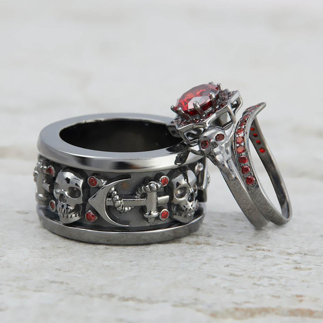 1.90TCW Garnet Skull Ring Set