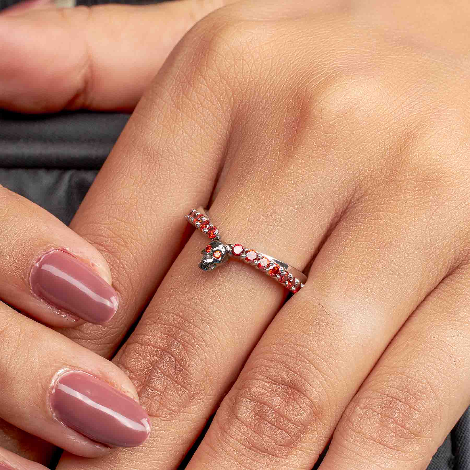 Red Garnet Skull Ring Enhancer Gothic Curved Wedding Band Sterling Silver Stacking