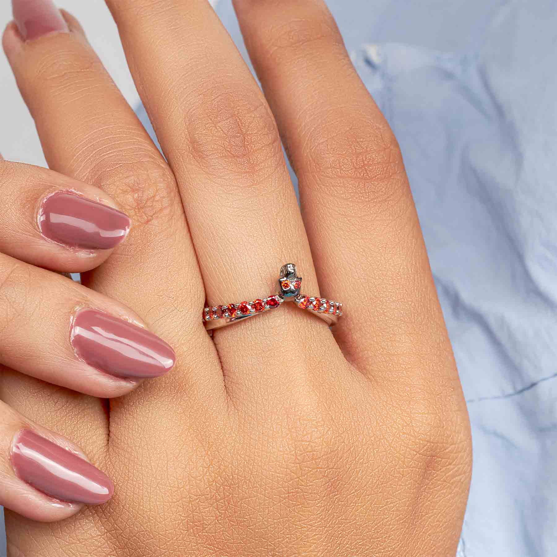 Red Garnet Skull Ring Enhancer Gothic Curved Wedding Band Sterling Silver Stacking