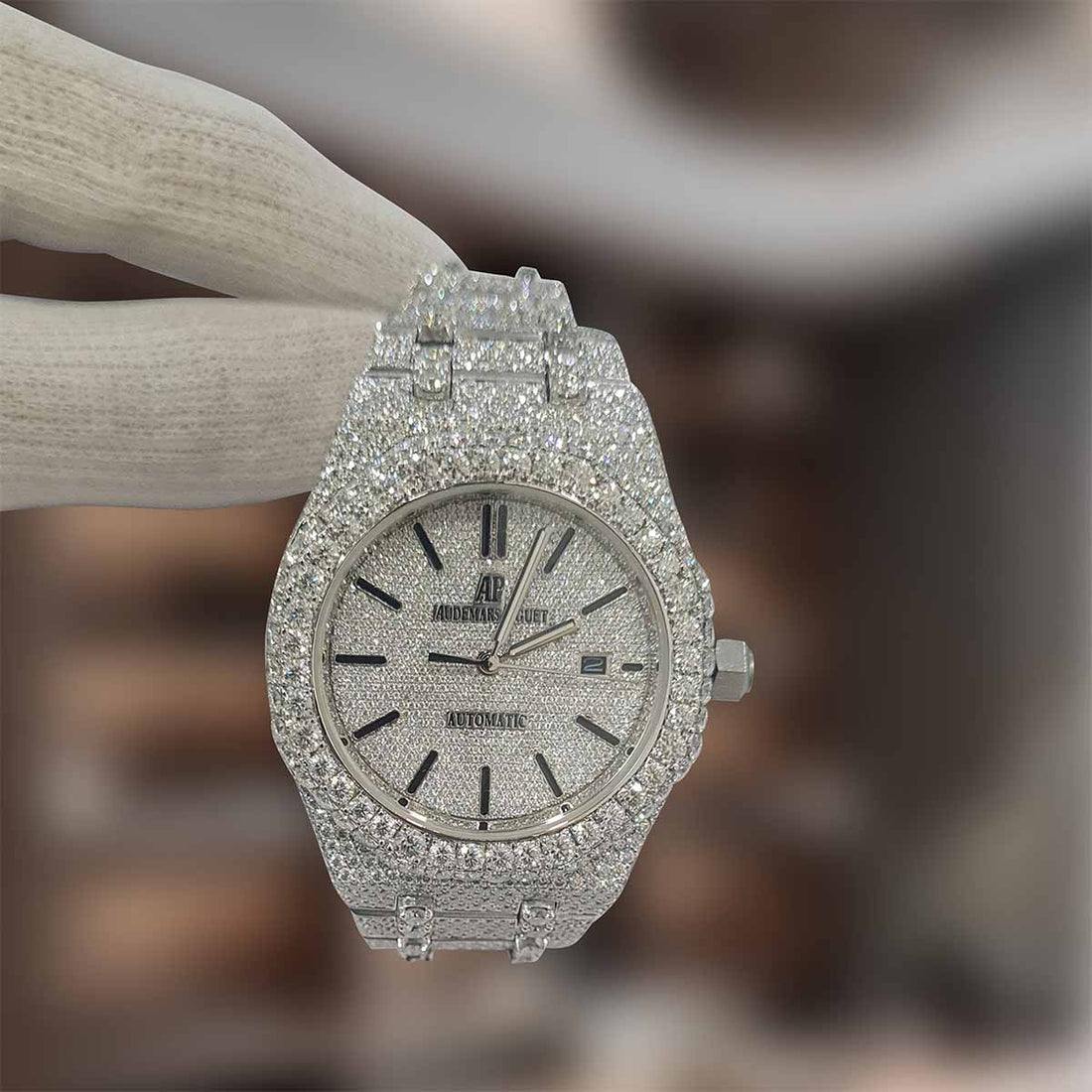 Audemars Piguet Watch Royal Oak Automatic Iced Out CZ Moissanite Diamond White Gold Finish