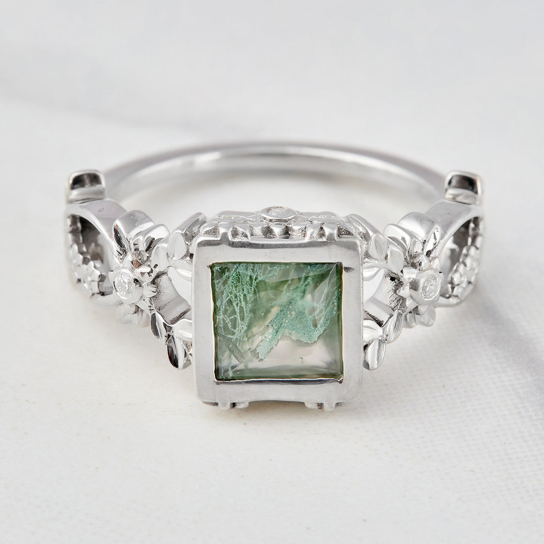 Floral Moss Agate Engagement Ring