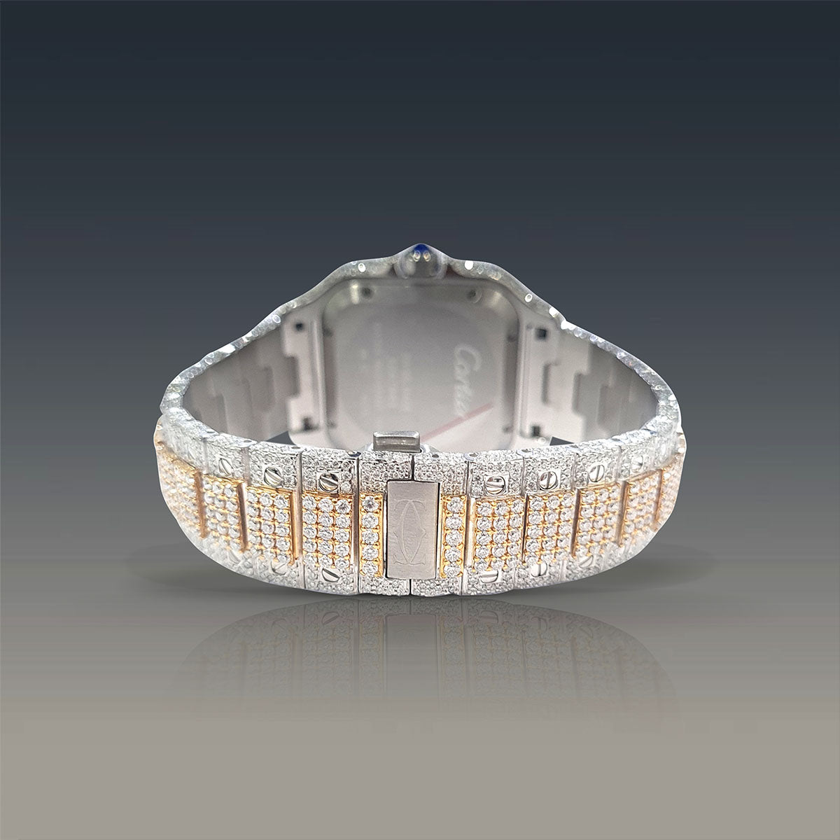 Diamond Iced Out Santos De Cartier Watch Square Dial Two Tone