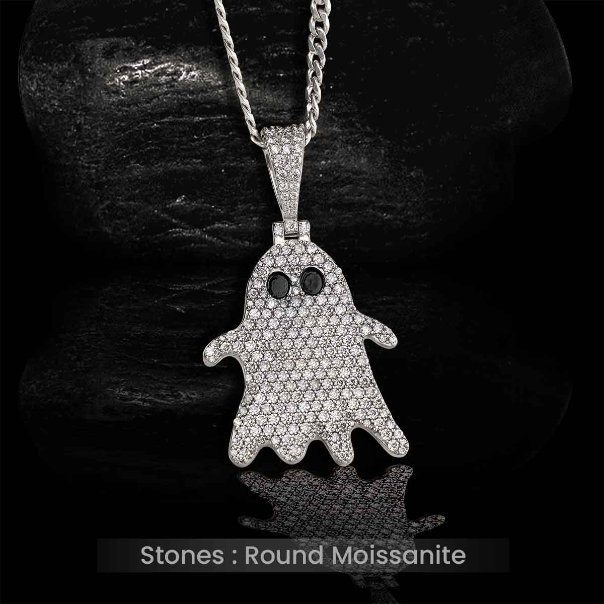 Moissanite Icedout Ghost Pendant Necklace With Chain Halloween Gothic Jewelry Sterling Silver