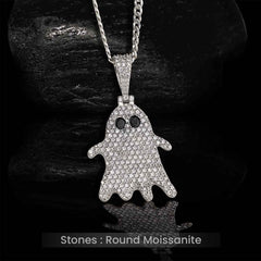 Moissanite Icedout Ghost Pendant Necklace Halloween Gothic Jewelry Sterling Silver