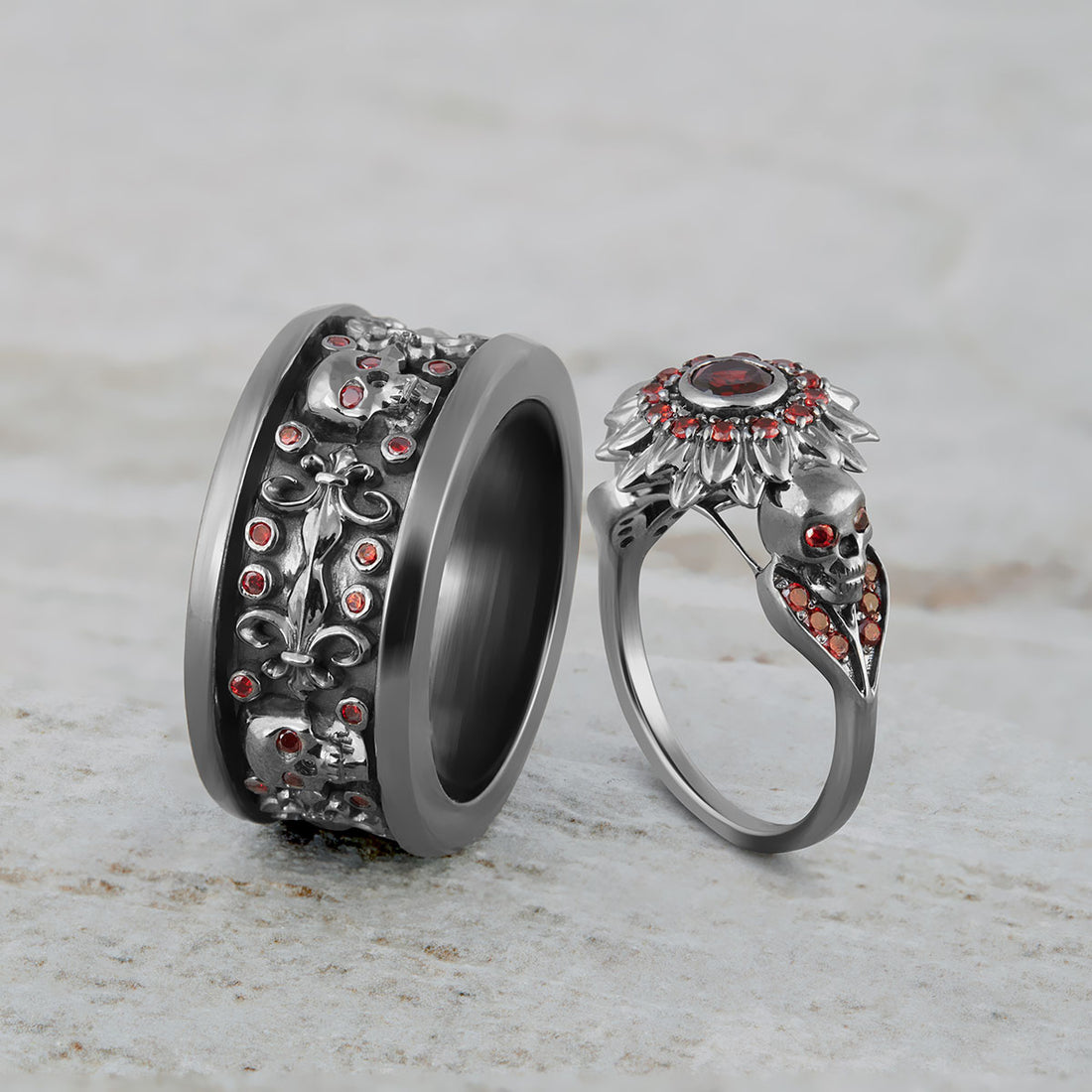 Flower Skull Engagement Ring Set