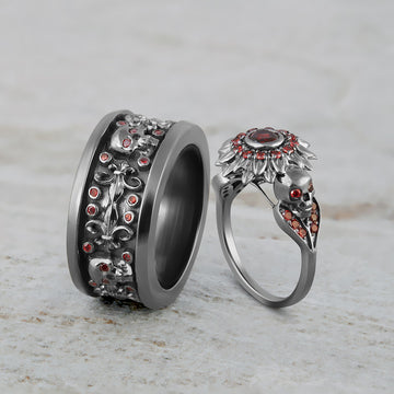 Flower Skull Engagement Ring Set