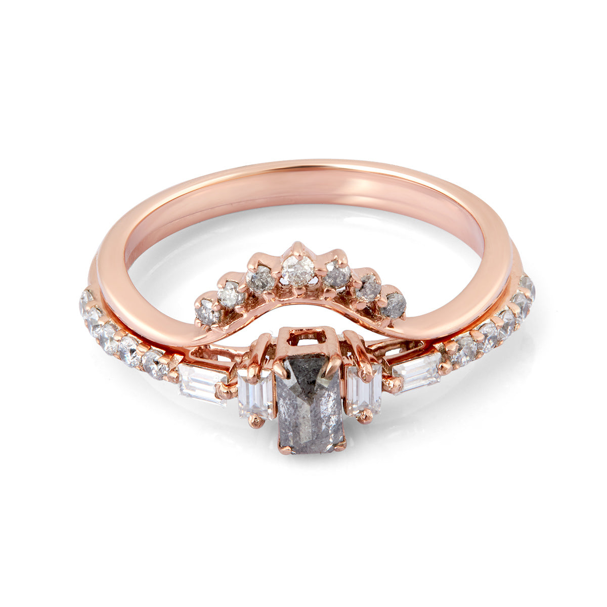 Salt and Pepper Diamond Wedding Ring Set Emerald and Baguette