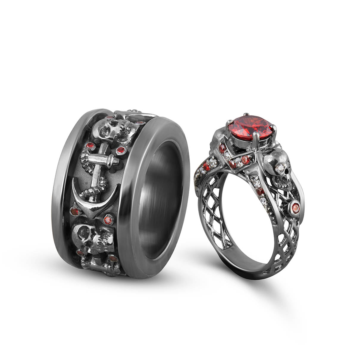 Mesh Skull Wedding Ring Band Set Anchor and Skull Couple Rings