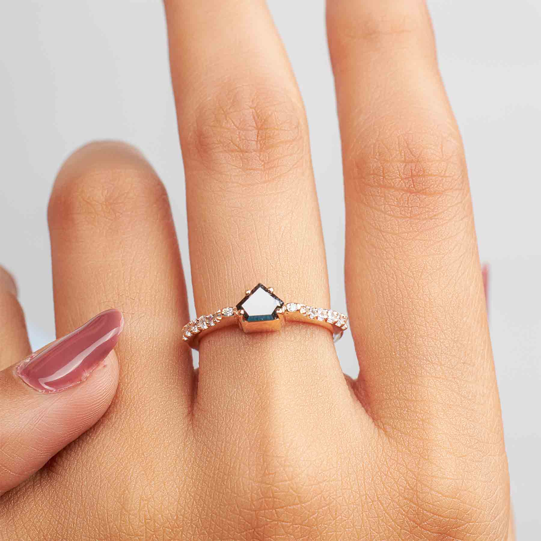 Pentagon Cut Black Natural Rustic Diamond Engagement Ring