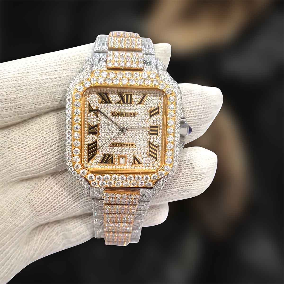 Diamond Iced Out Santos De Cartier Watch Square Dial Two Tone