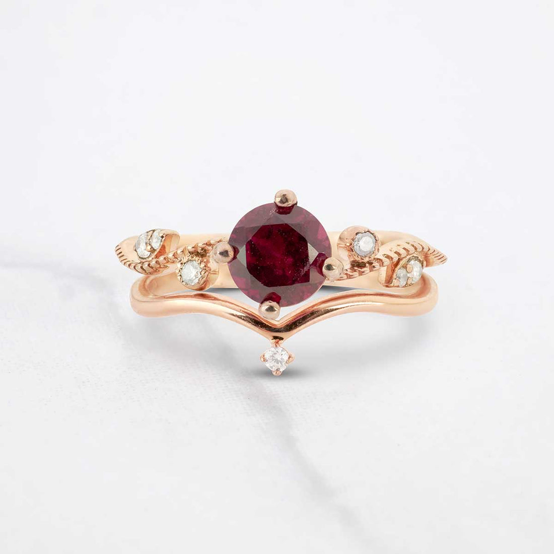 Natural Rhodolite Engagement Ring Set Art Deco Bridal Jewelry