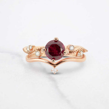 Natural Rhodolite Engagement Ring Set Art Deco Bridal Jewelry