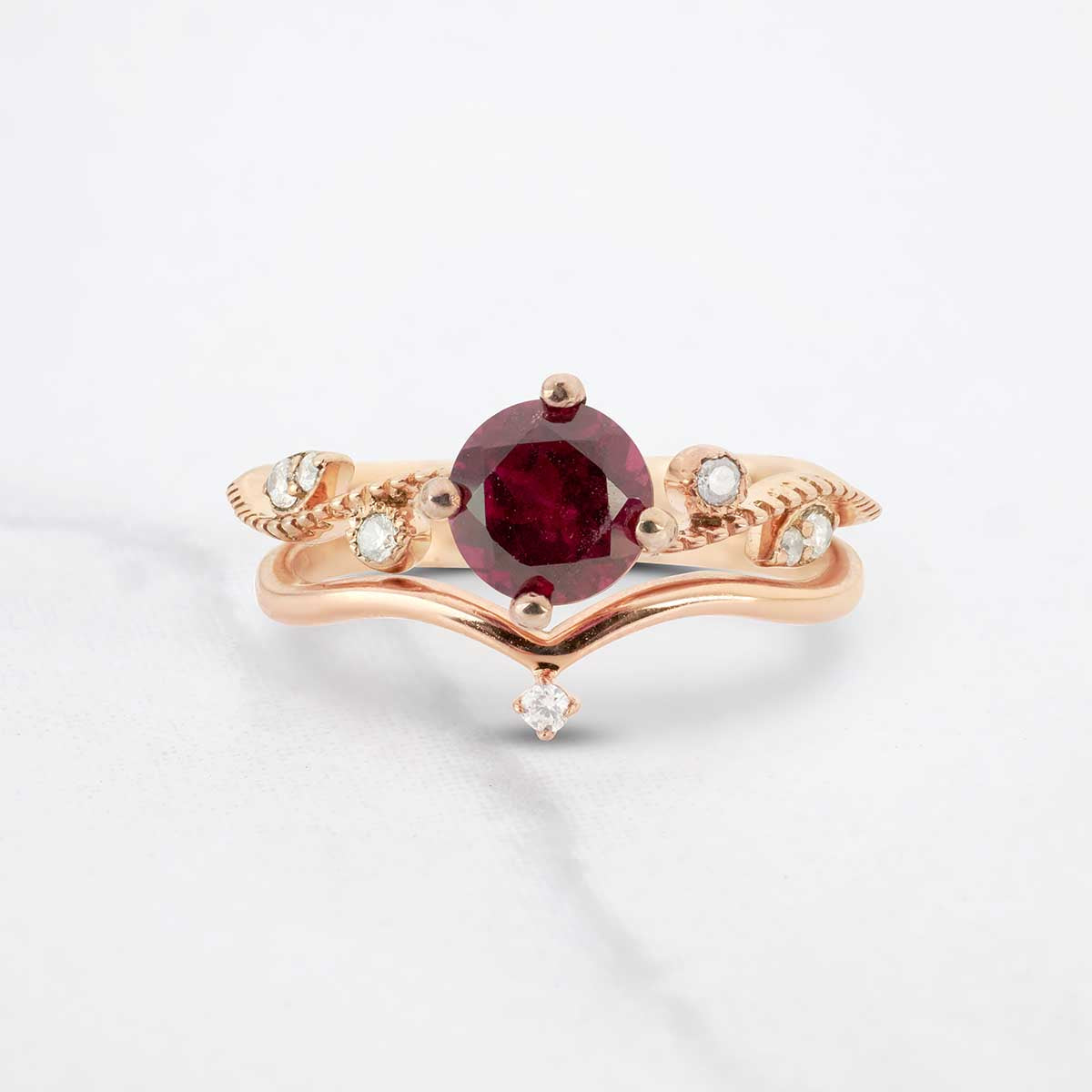 Natural Rhodolite Engagement Ring Set Art Deco Bridal Jewelry