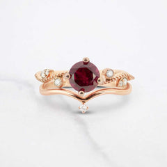 Natural Rhodolite Ring Set Art Deco Bridal Rings 14k Rose Gold