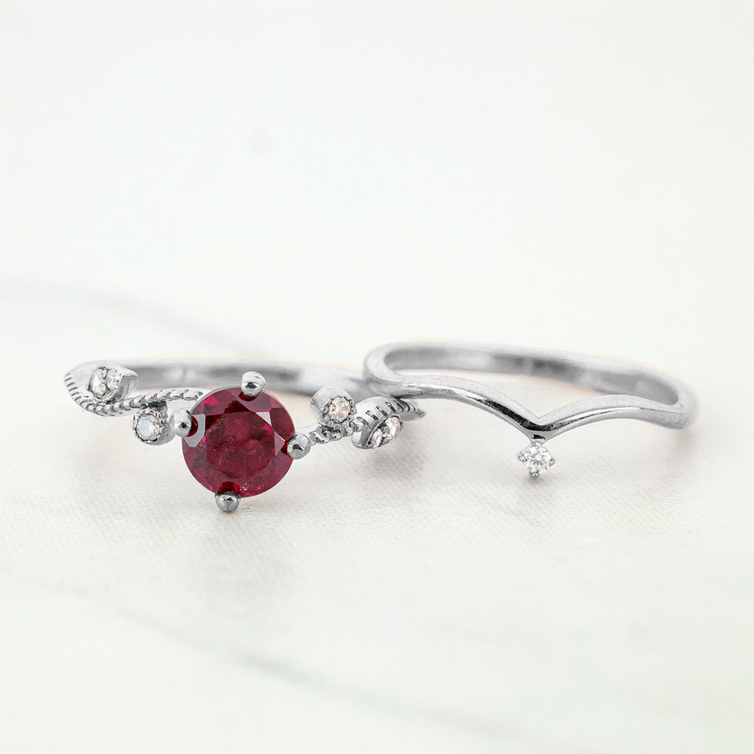 Natural Rhodolite Engagement Ring Set Art Deco Bridal Jewelry
