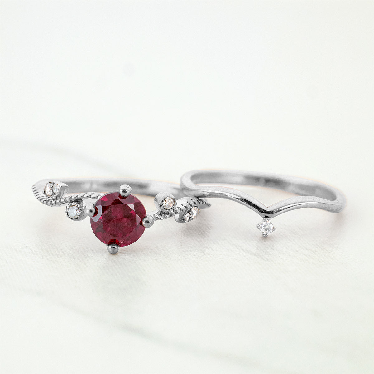 Natural Rhodolite Engagement Ring Set Art Deco Bridal Jewelry