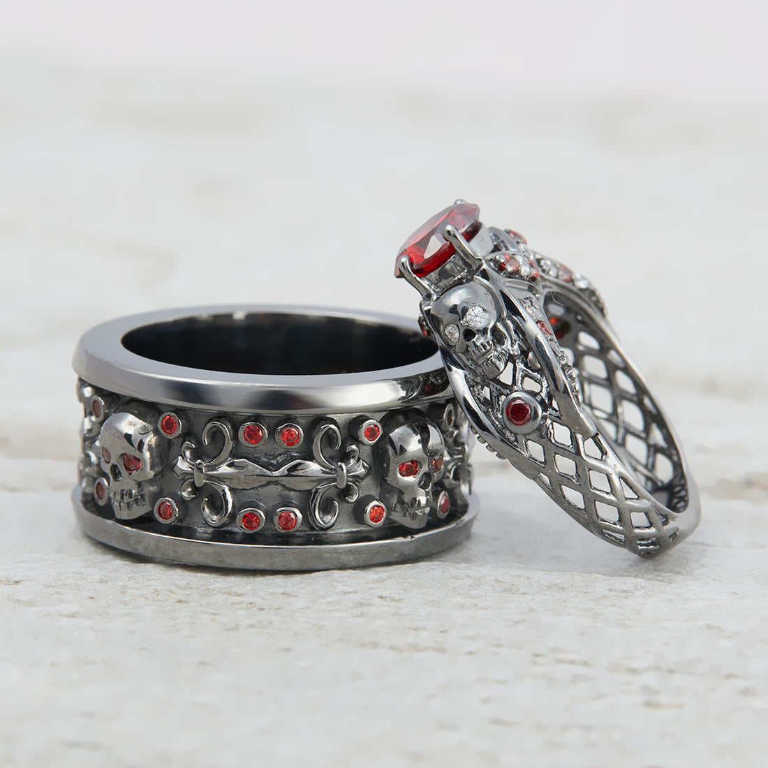 Garnet Skull Engagement Ring Set