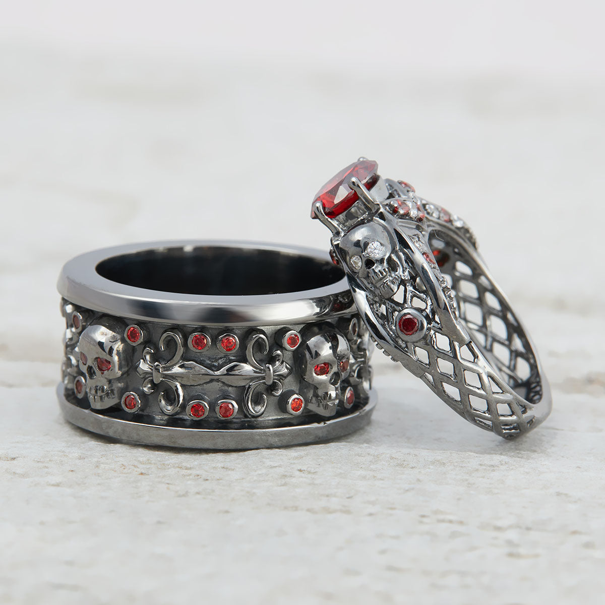 Garnet Skull Engagement Ring Set