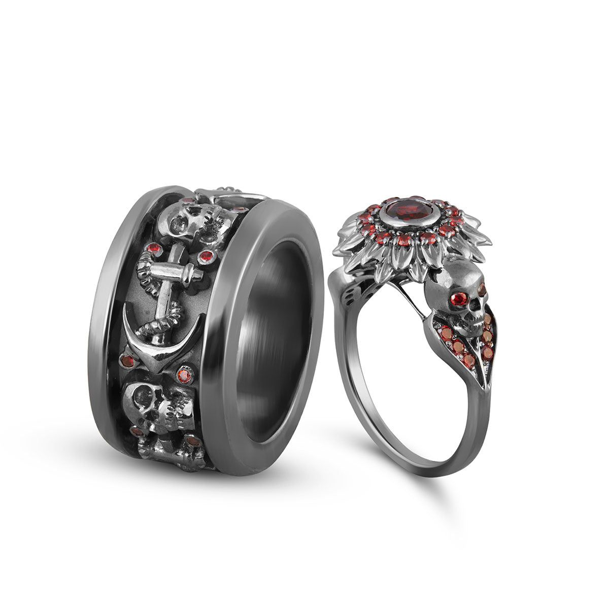 Skull Engagement Rings for Couple Anchor Wedding Band Set